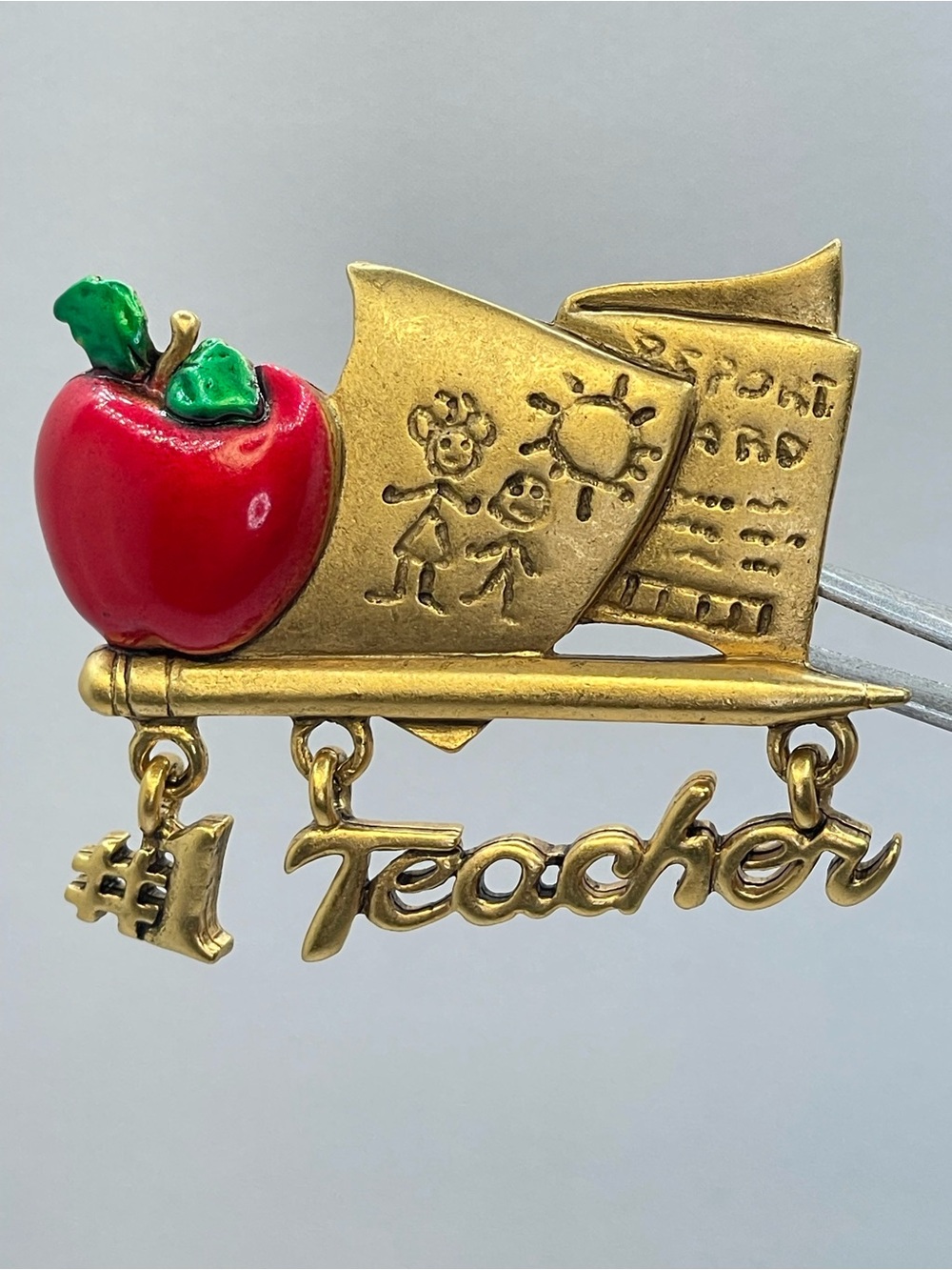 Danecraft Gold Tone Teacher Apple Brooch #1 Teacher Pin School Dangle